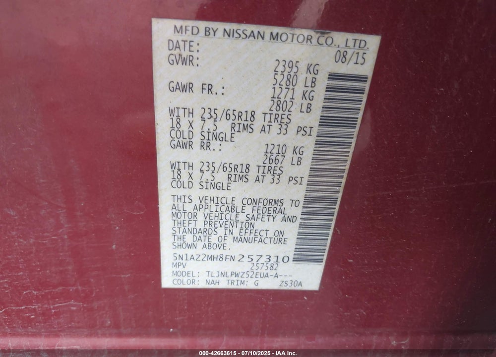2015 NISSAN MURANO VIN: 5N1AZ2MH8FN257310