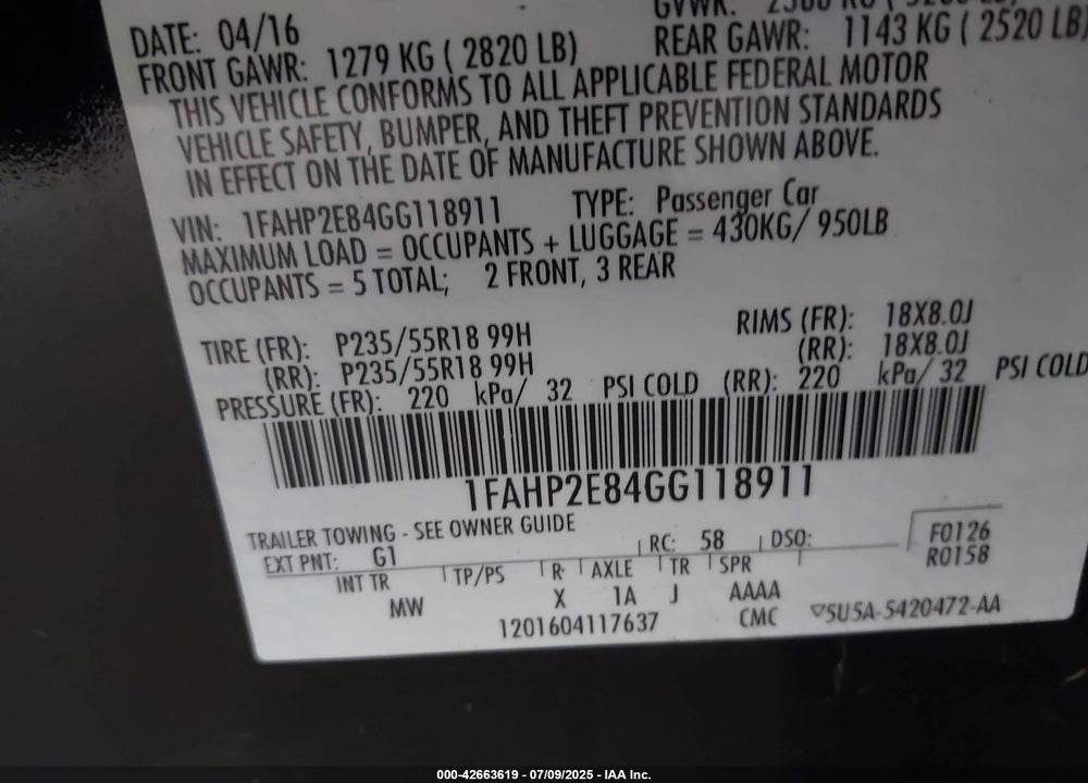 2016 FORD TAURUS VIN: 1FAHP2E84GG118911