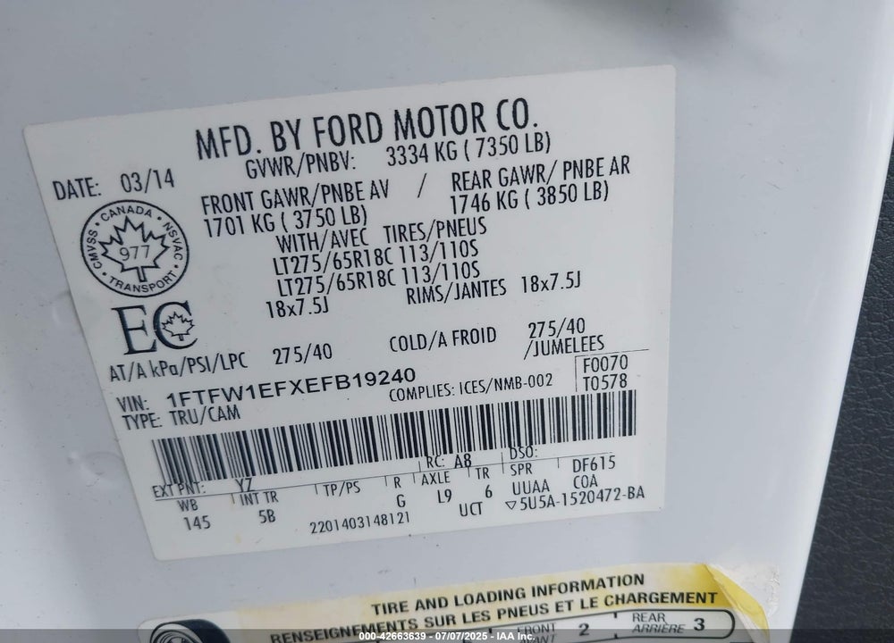 2014 FORD F-150 VIN: 1FTFW1EFXEFB19240