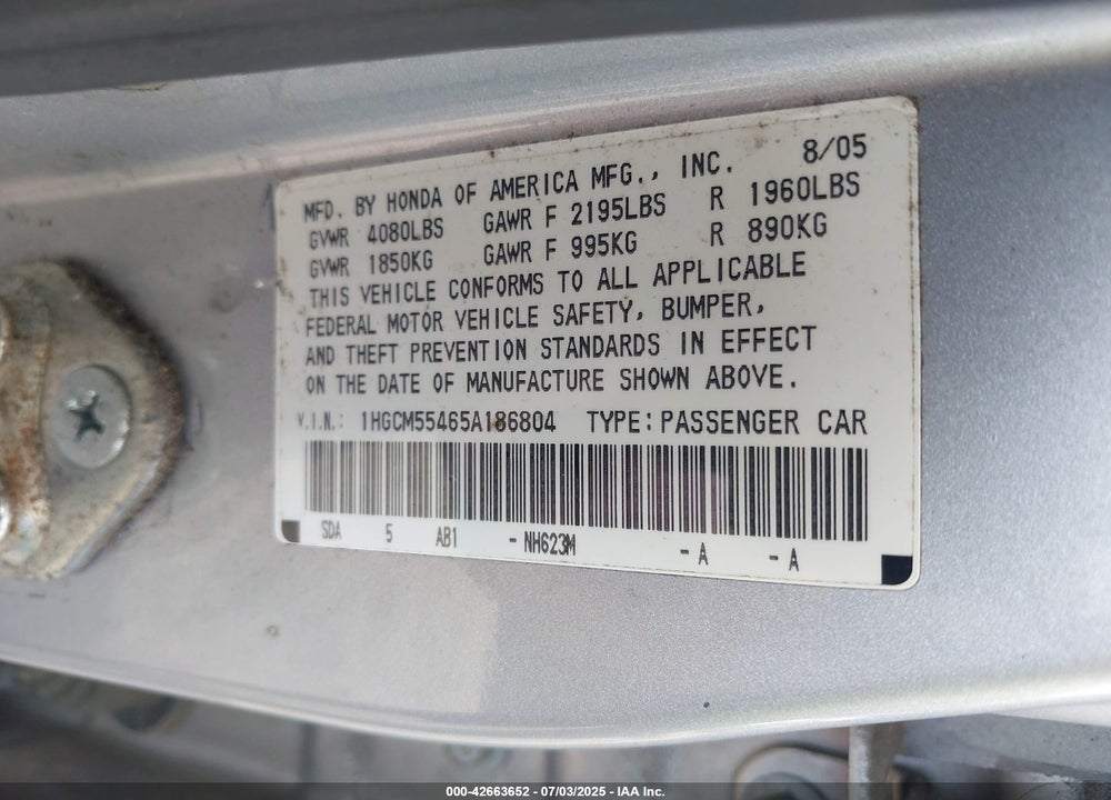 2005 HONDA ACCORD 2.4 LX VIN: 1HGCM55465A186804