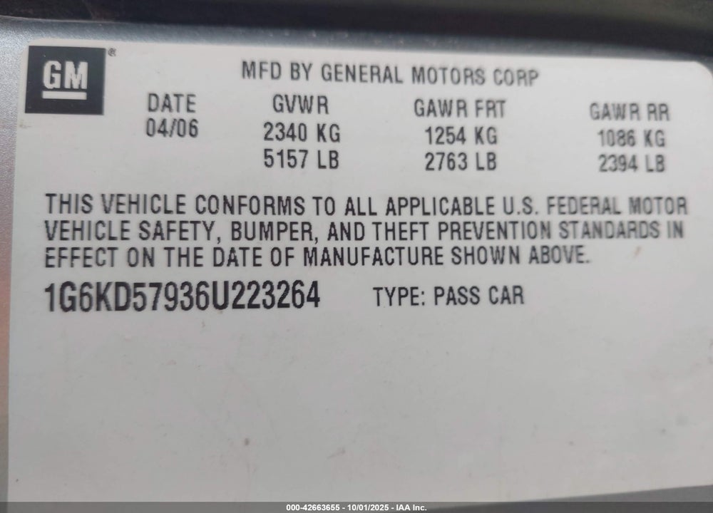 2006 CADILLAC DTS VIN: 1G6KD57936U223264