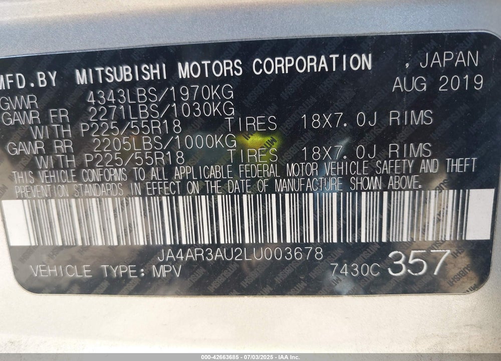 2020 MITSUBISHI OUTLANDER SPORT 2.0 BE /2.0 ES /2.0 SE /2.0 SP VIN: JA4AR3AU2LU003678