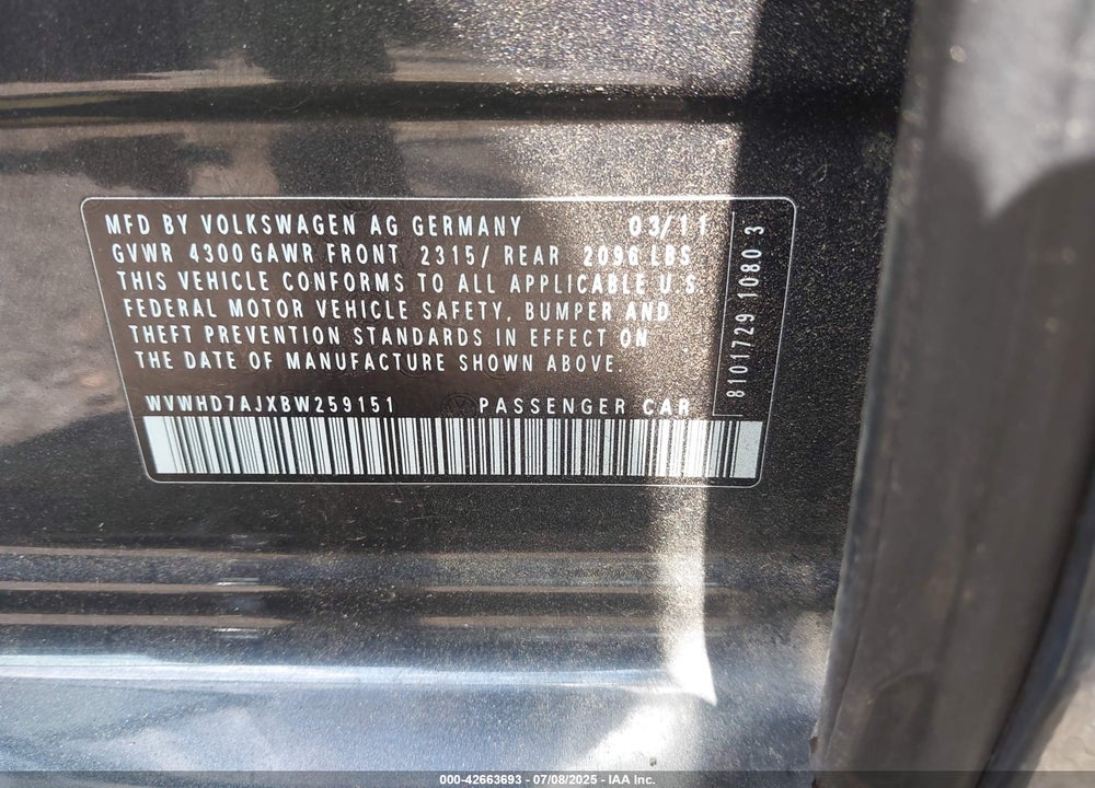 2011 VOLKSWAGEN GTI VIN: WVWHD7AJXBW259151