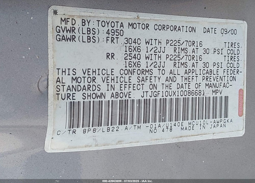 2001 LEXUS RX 300 VIN: JTJGF10UX10086681
