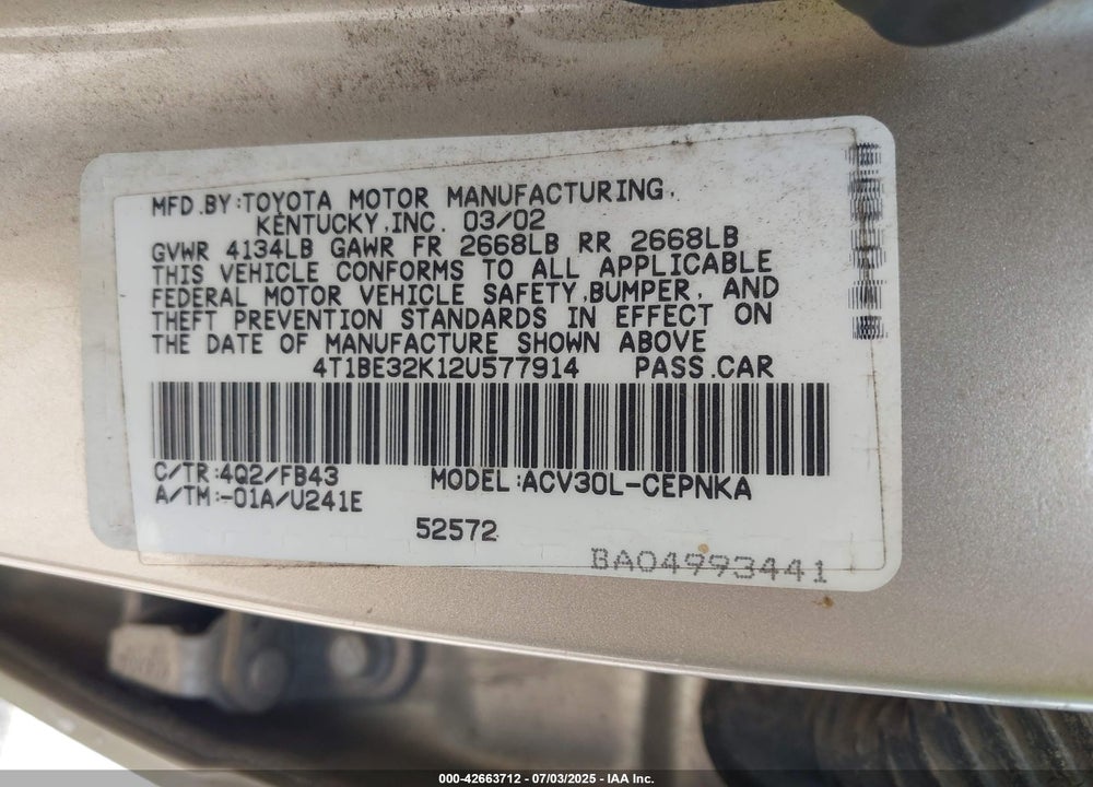 2002 TOYOTA CAMRY LE VIN: 4T1BE32K12U577914