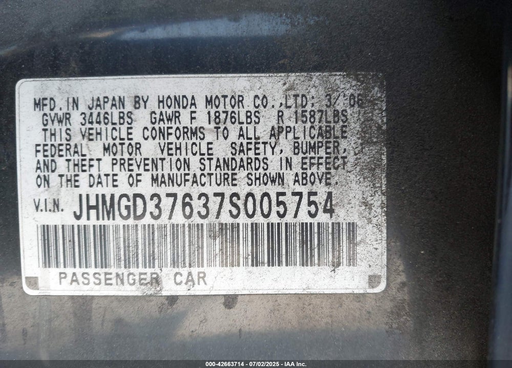 2007 HONDA FIT VIN: JHMGD37637S005754