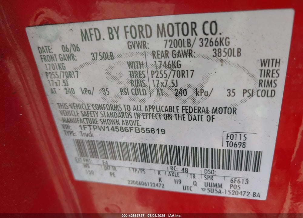 2006 FORD F-150 VIN: 1FTPW14586FB55619