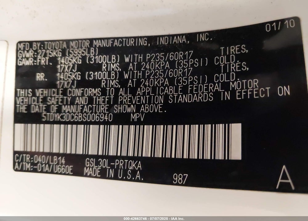 2011 TOYOTA SIENNA XLE V6 VIN: 5TDYK3DC6BS006940