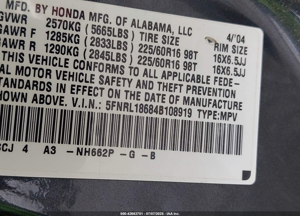 2004 HONDA ODYSSEY VIN: 5FNRL18684B108919