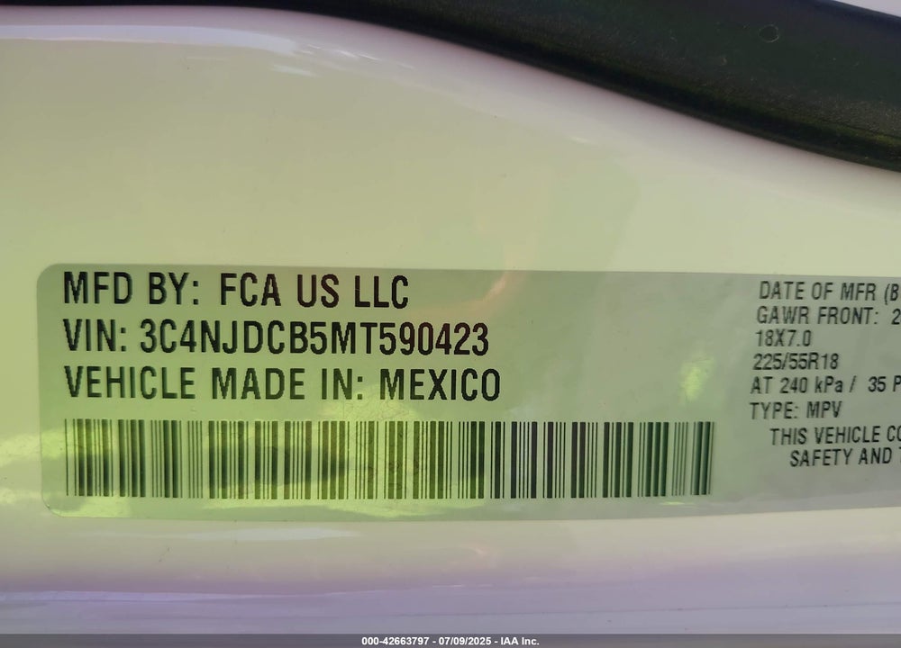 2021 JEEP COMPASS VIN: 3C4NJDCB5MT590423