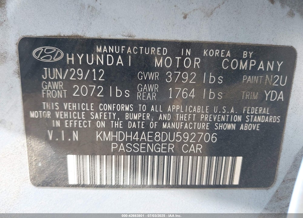 2013 HYUNDAI ELANTRA VIN: KMHDH4AE8DU592706