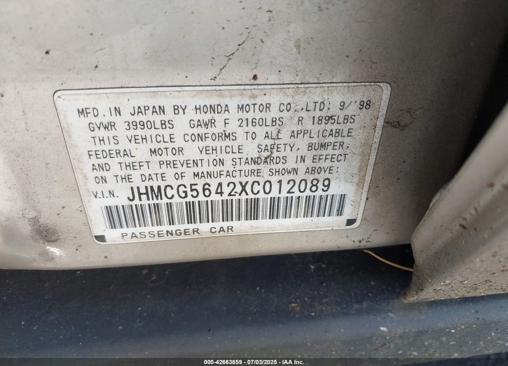 1999 HONDA ACCORD LX VIN: JHMCG5642XC012089