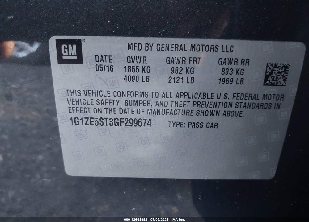 2016 CHEVROLET MALIBU VIN: 1G1ZE5ST3GF299674