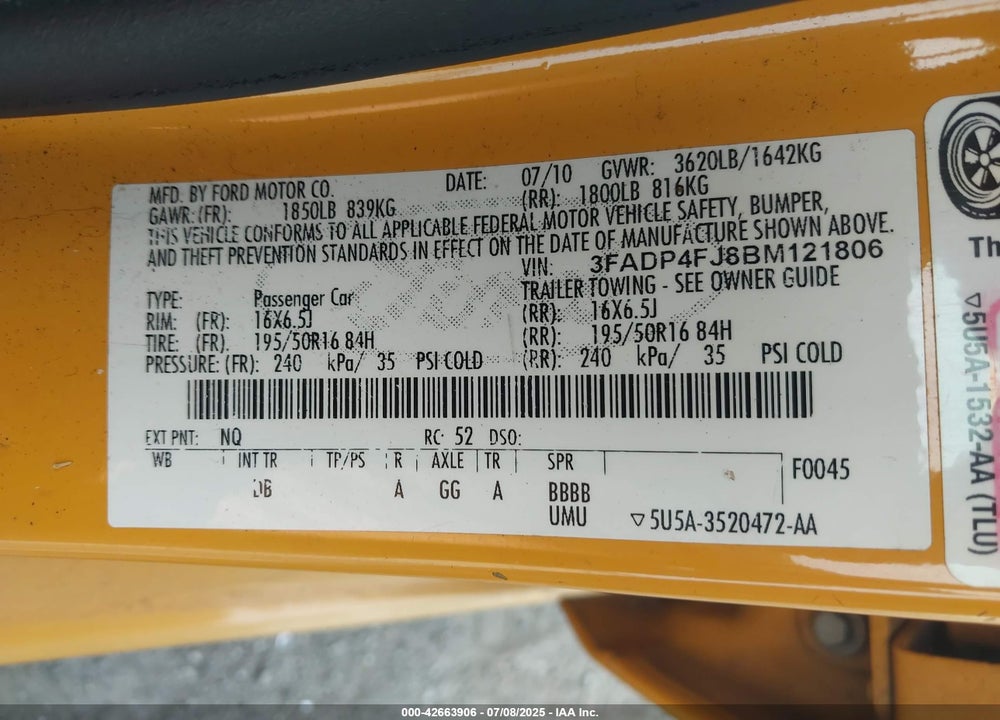 2011 FORD FIESTA VIN: 3FADP4FJ8BM121806