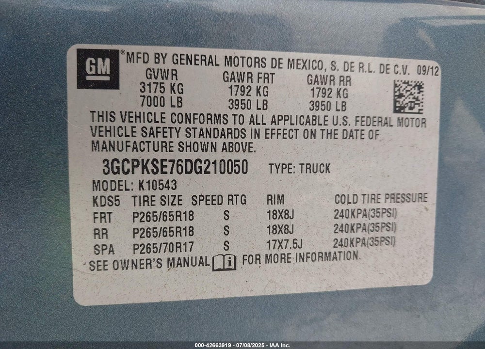 2013 CHEVROLET SILVERADO 1500 VIN: 3GCPKSE76DG210050