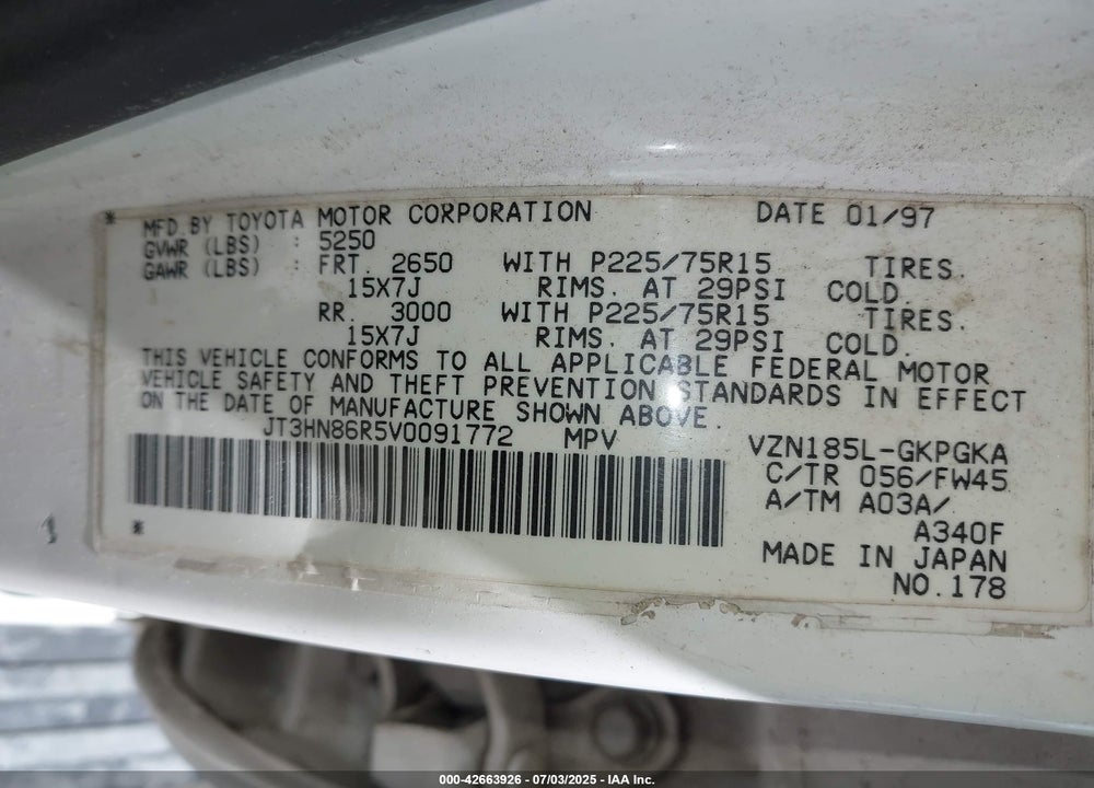 1997 TOYOTA 4RUNNER SR5 VIN: JT3HN86R5V0091772