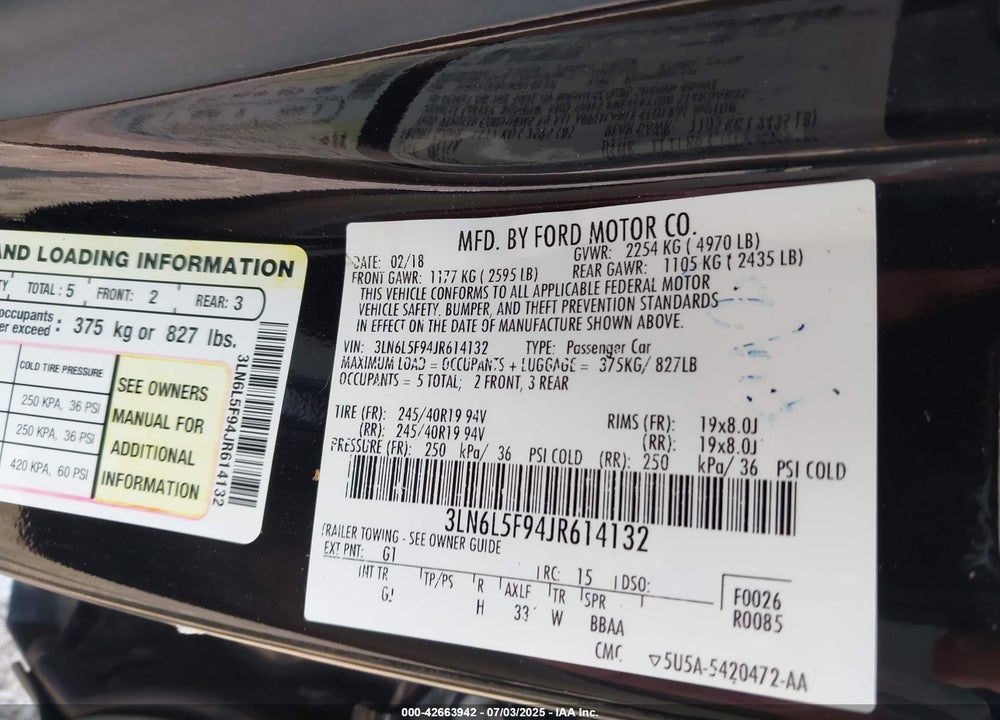 2018 LINCOLN MKZ VIN: 3LN6L5F94JR614132