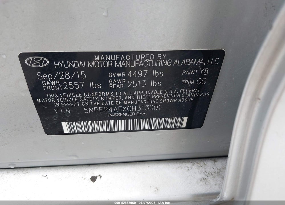 2016 HYUNDAI SONATA VIN: 5NPE24AFXGH313001