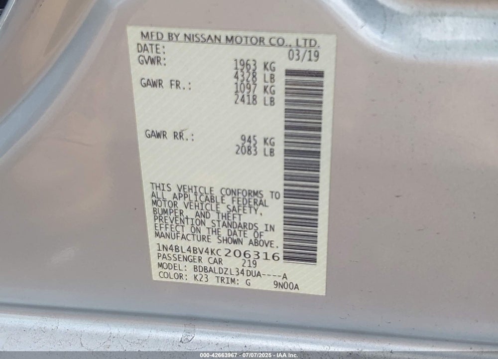 2019 NISSAN ALTIMA 2.5 S VIN: 1N4BL4BV4KC206316
