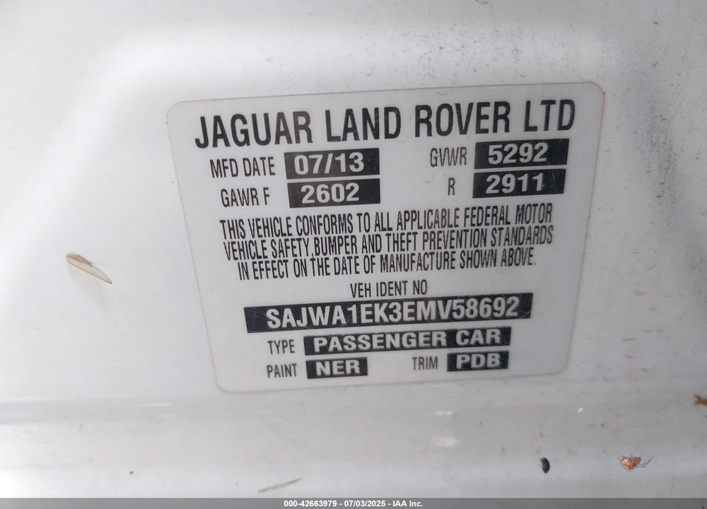 2014 JAGUAR XJ VIN: SAJWA1EK3EMV58692