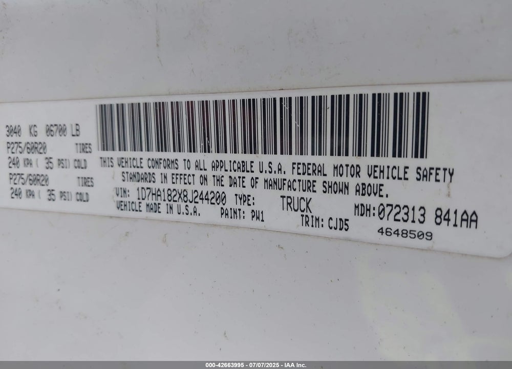 2008 DODGE RAM 1500 VIN: 1D7HA182X8J244200