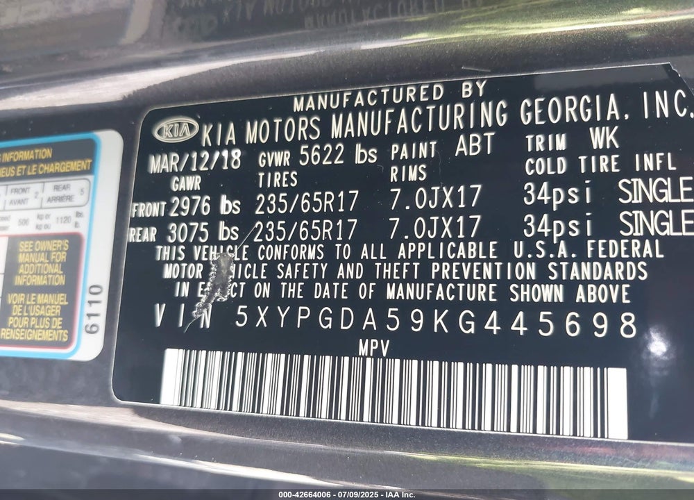 2019 KIA SORENTO VIN: 5XYPGDA59KG445698