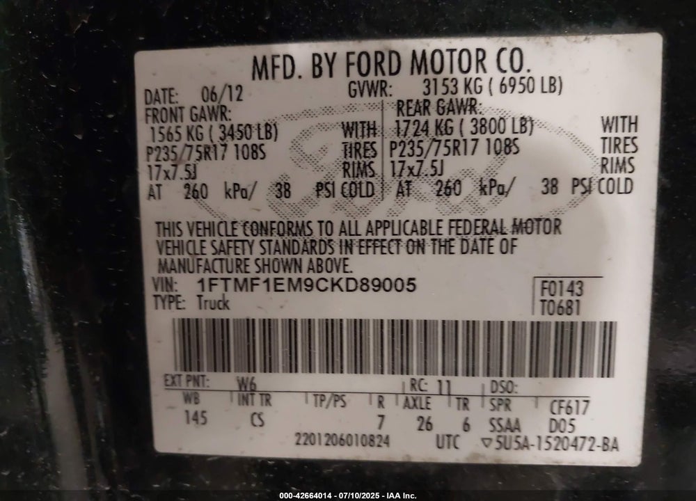 2012 FORD F-150 VIN: 1FTMF1EM9CKD89005