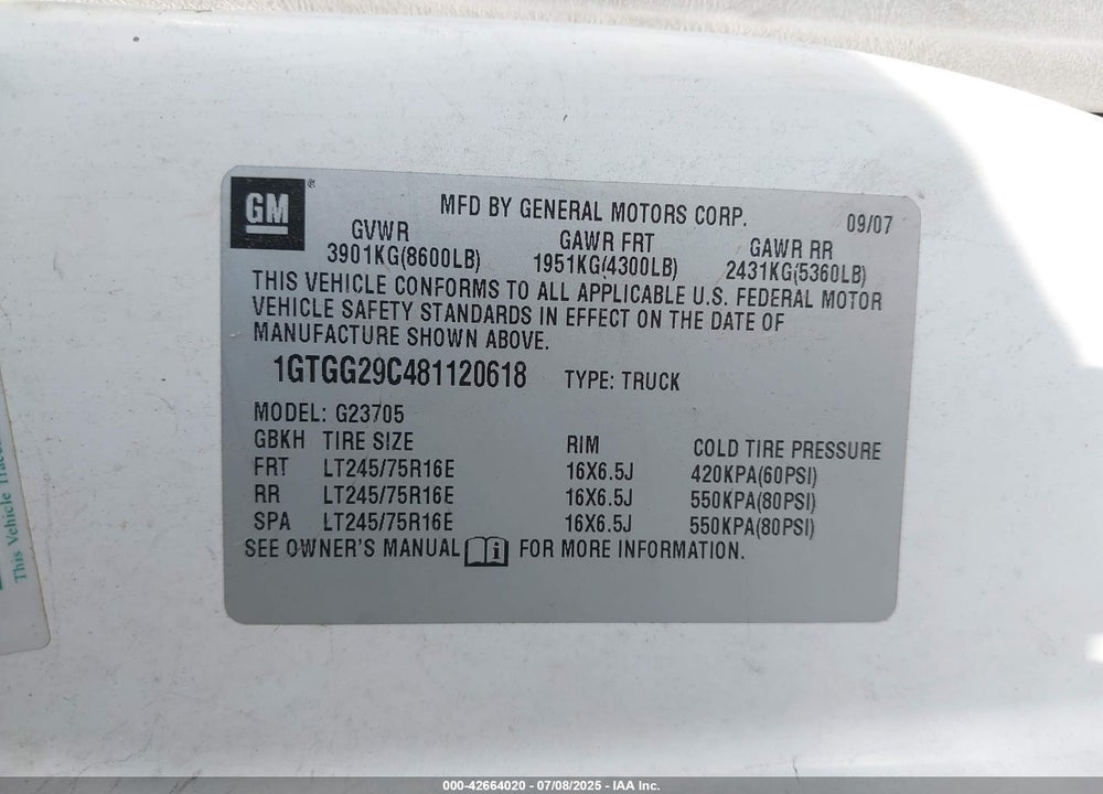 2008 GMC SAVANA WORK VAN VIN: 1GTGG29C481120618
