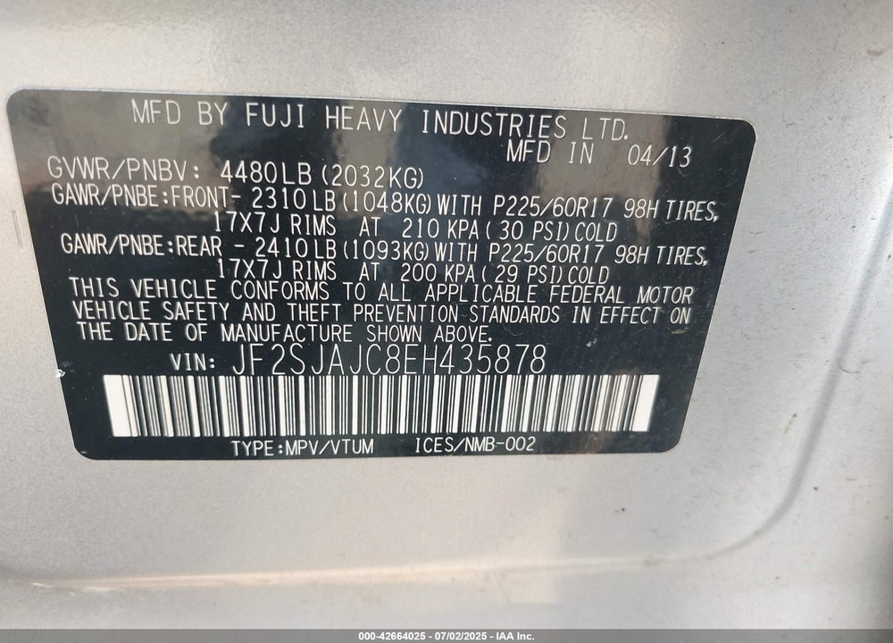 2014 SUBARU FORESTER VIN: JF2SJAJC8EH435878