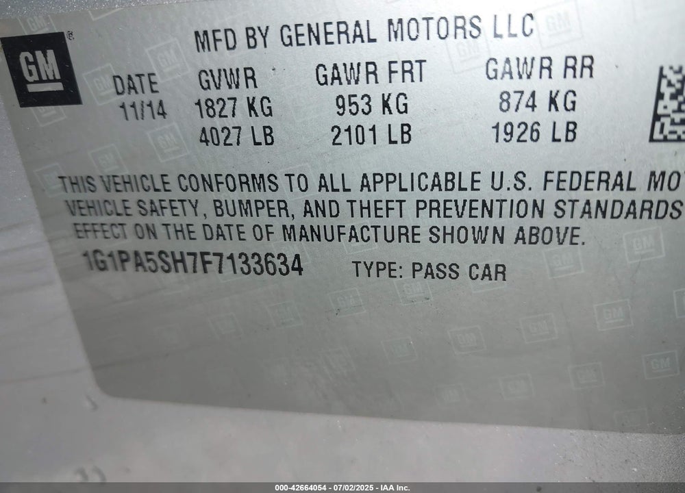 2015 CHEVROLET CRUZE VIN: 1G1PA5SH7F7133634