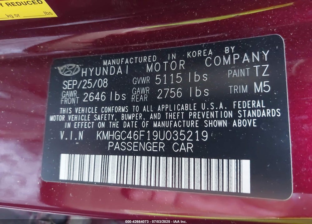 2009 HYUNDAI GENESIS 4.6 VIN: KMHGC46F19U035219
