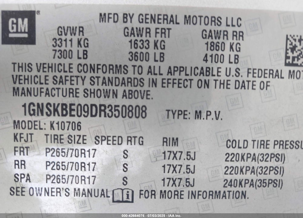 2013 CHEVROLET TAHOE VIN: 1GNSKBE09DR350808