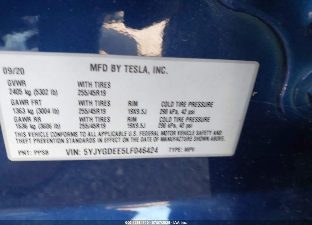 2020 TESLA MODEL Y VIN: 5YJYGDEE5LF046424