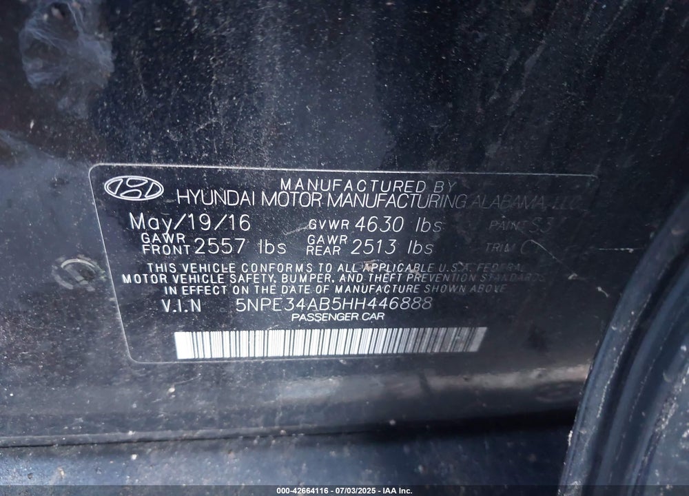 2017 HYUNDAI SONATA VIN: 5NPE34AB5HH446888