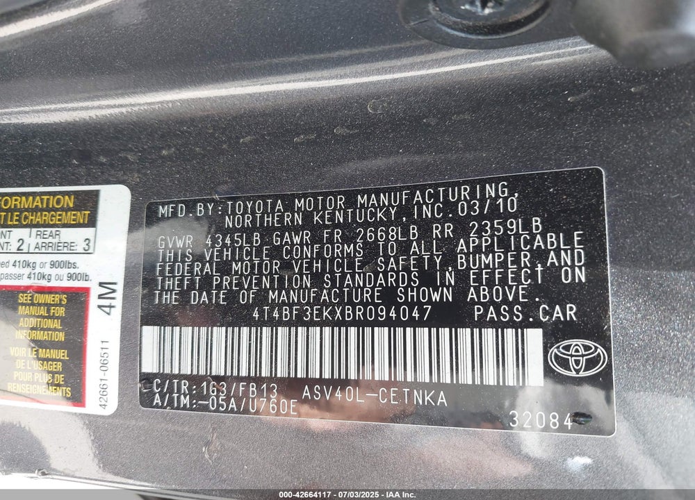 2011 TOYOTA CAMRY VIN: 4T4BF3EKXBR094047