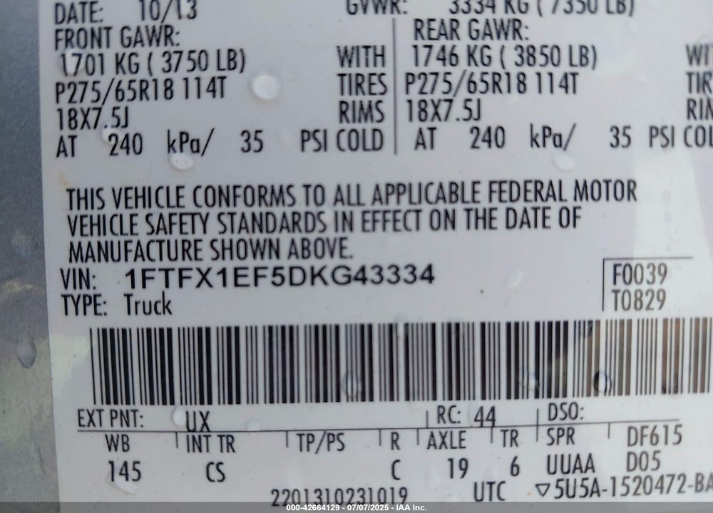 2013 FORD F-150 STX VIN: 1FTFX1EF5DKG43334