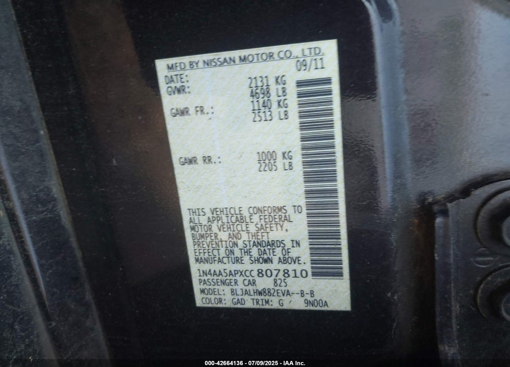 2012 NISSAN MAXIMA VIN: 1N4AA5APXCC807810
