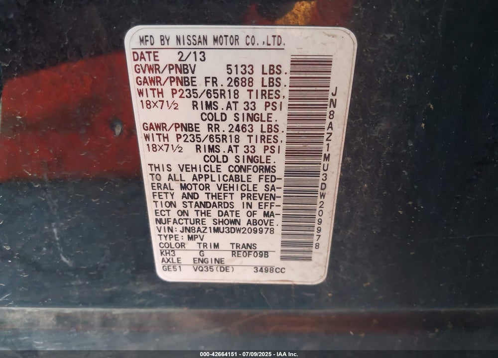 2013 NISSAN MURANO VIN: JN8AZ1MU3DW209978