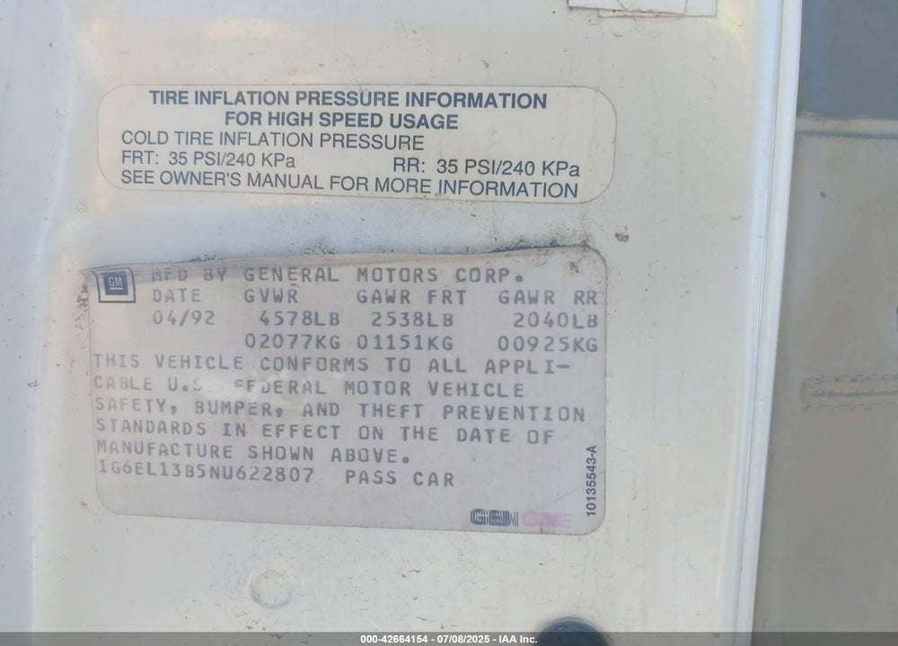 1992 CADILLAC ELDORADO VIN: 1G6EL13B5NU622807