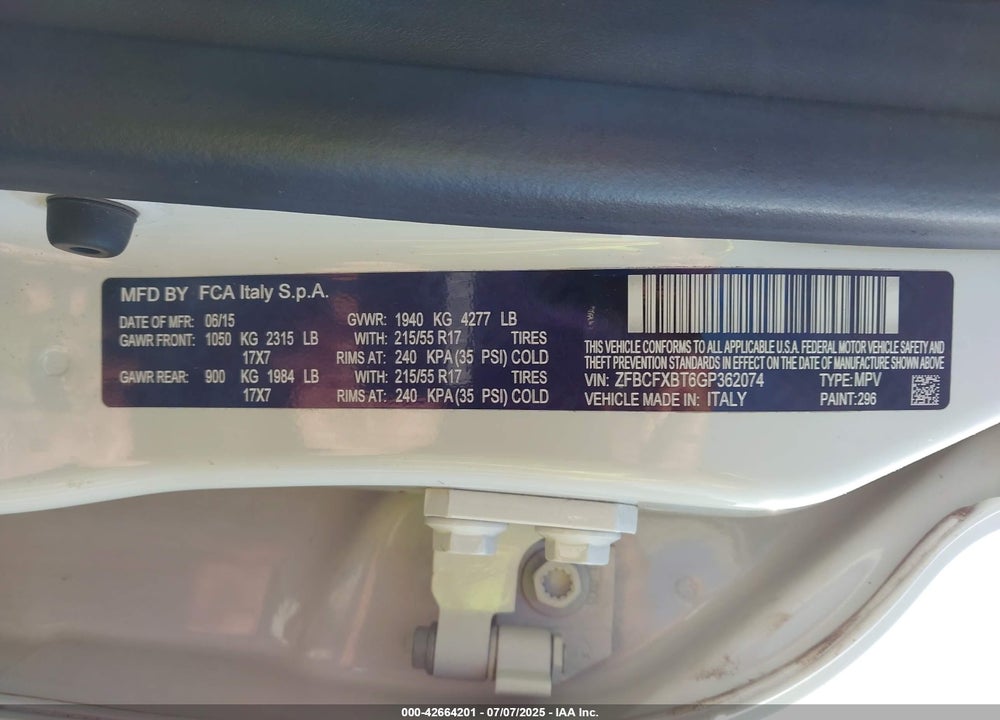 2016 FIAT 500X VIN: ZFBCFXBT6GP362074
