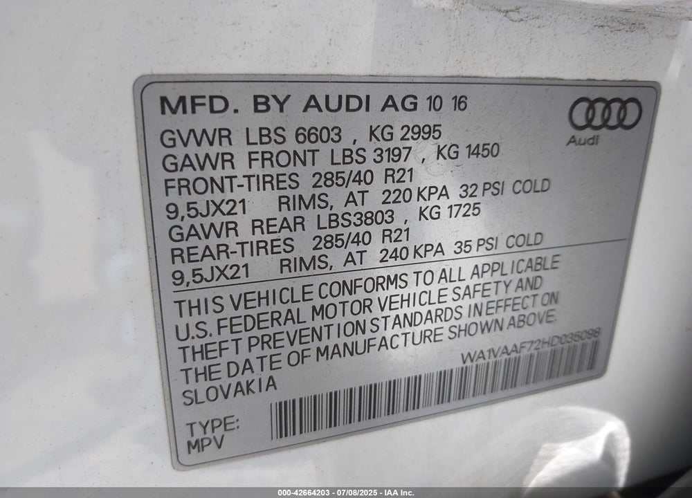 2017 AUDI Q7 VIN: WA1VAAF72HD035098
