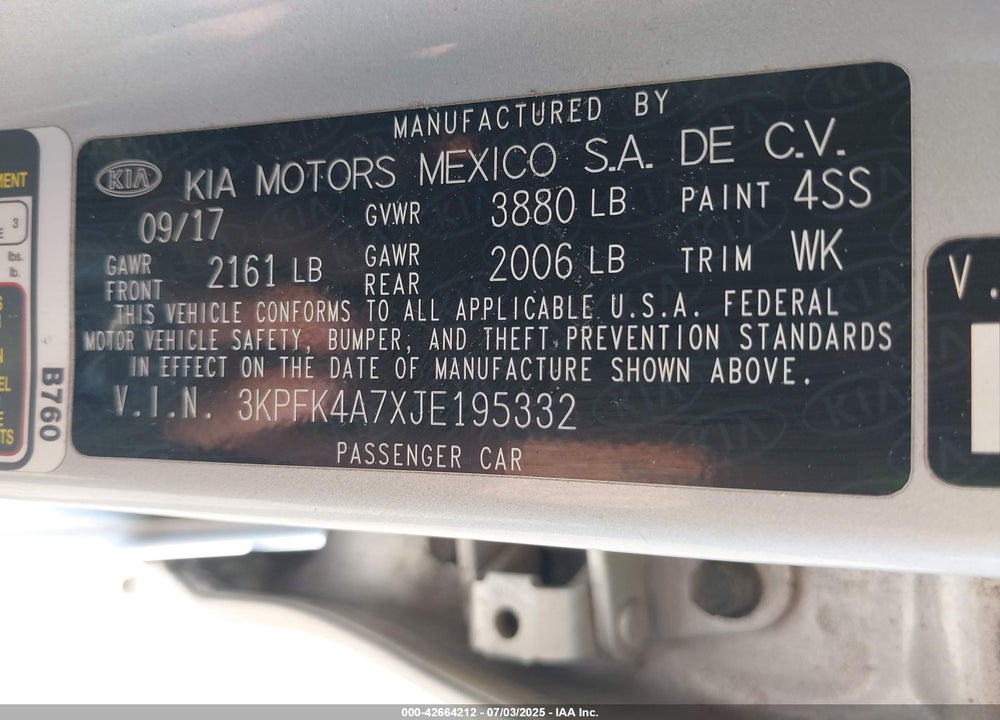 2018 KIA FORTE VIN: 3KPFK4A7XJE195332