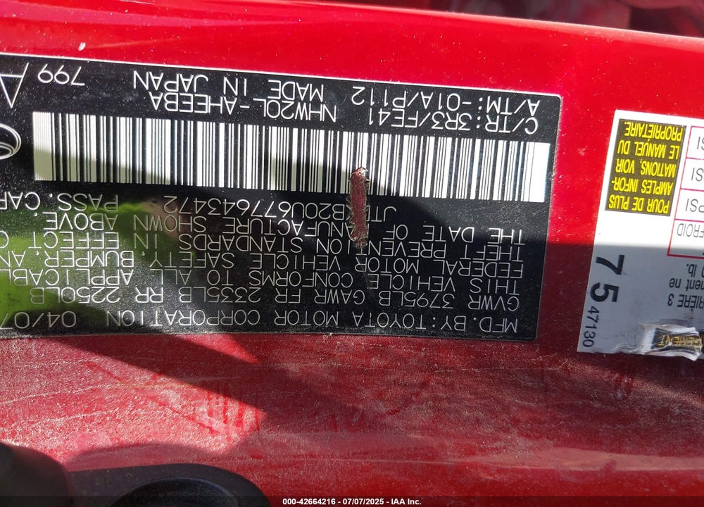 2007 TOYOTA PRIUS VIN: JTDKB20U677643472