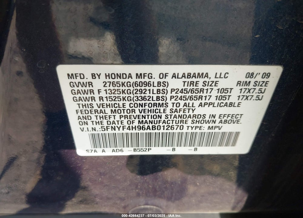 2010 HONDA PILOT VIN: 5FNYF4H96AB012670