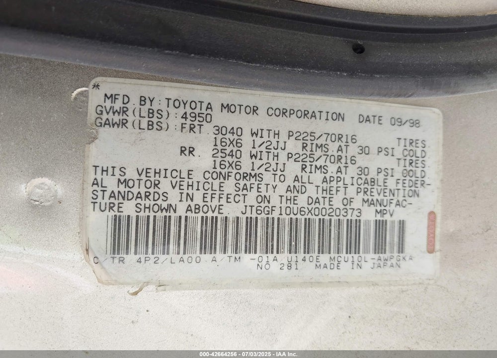 1999 LEXUS RX 300 VIN: JT6GF10U6X0020373