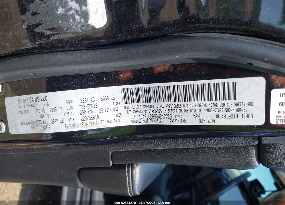 2016 JEEP CHEROKEE VIN: 1C4PJLDB5GW247725