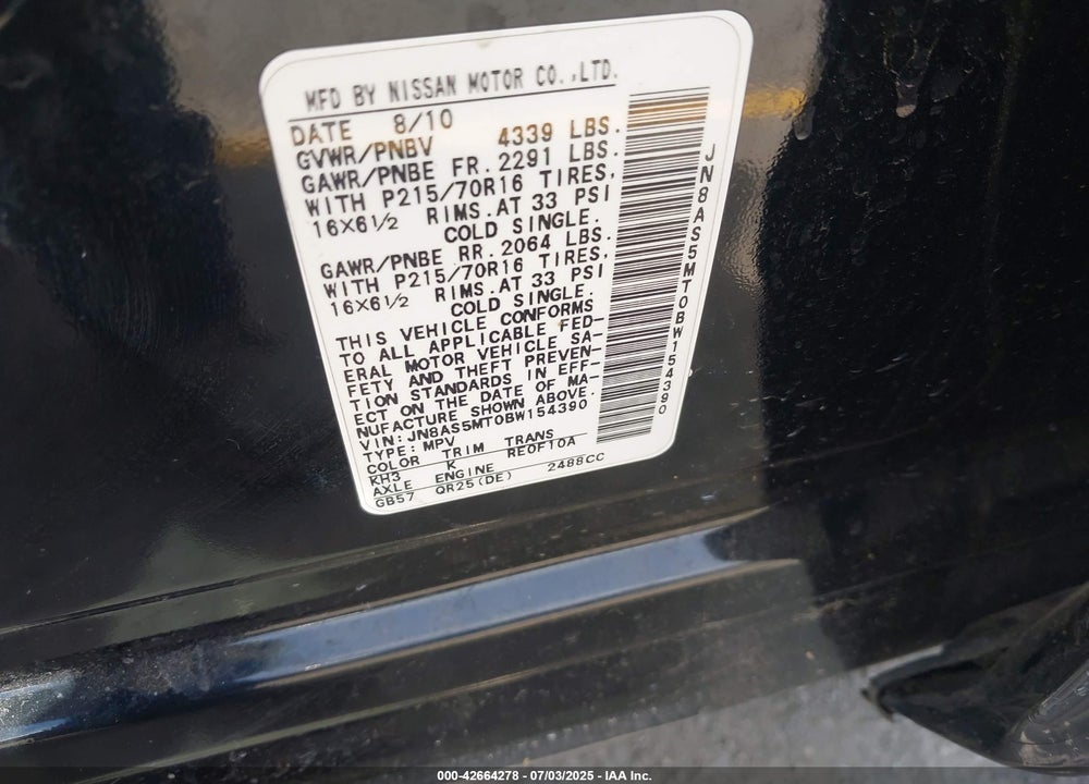 2011 NISSAN ROGUE VIN: JN8AS5MT0BW154390
