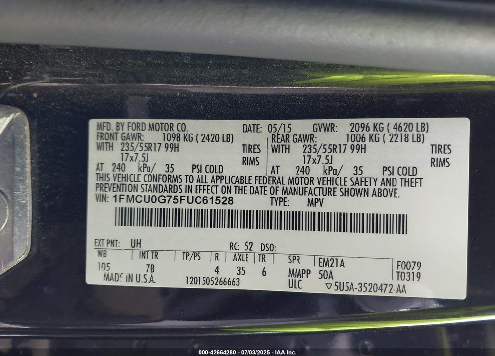 2015 FORD ESCAPE VIN: 1FMCU0G75FUC61528