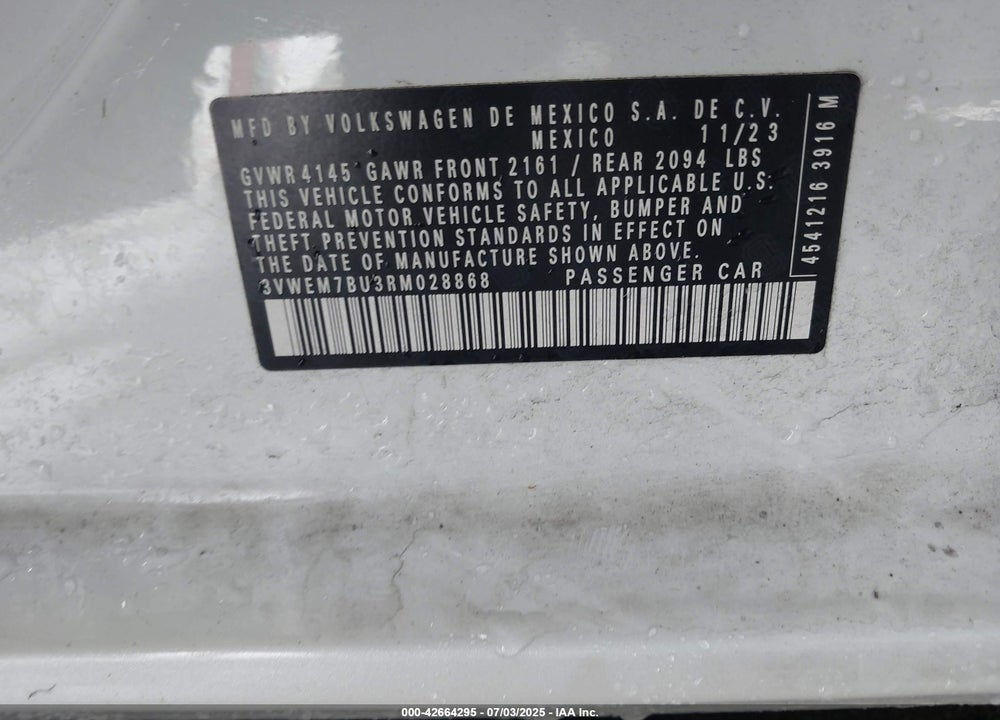 2024 VOLKSWAGEN JETTA VIN: 3VWEM7BU3RM028868