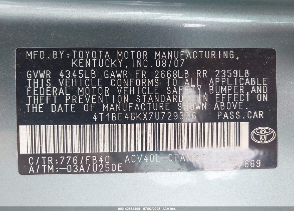 2007 TOYOTA CAMRY LE VIN: 4T1BE46KX7U729356